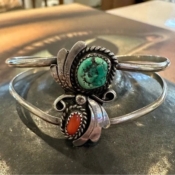 Vintage Signed Tony Aguilar Jr. Sterling Silver Turquoise & Coral Cuff Bracelet - Picture 2 of 5